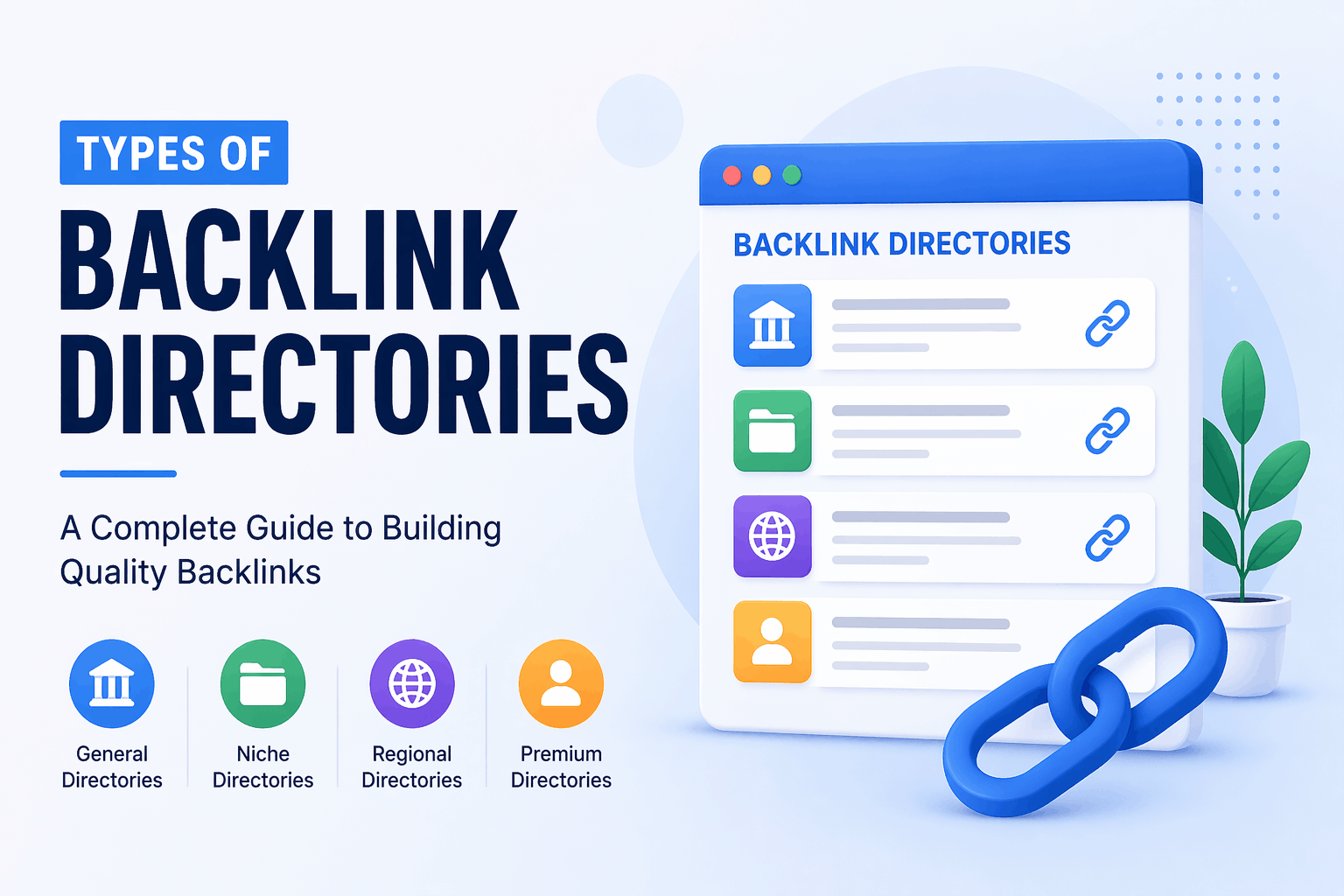 Illustration for Types of Backlink Directories showing directory listings and backlink discovery.