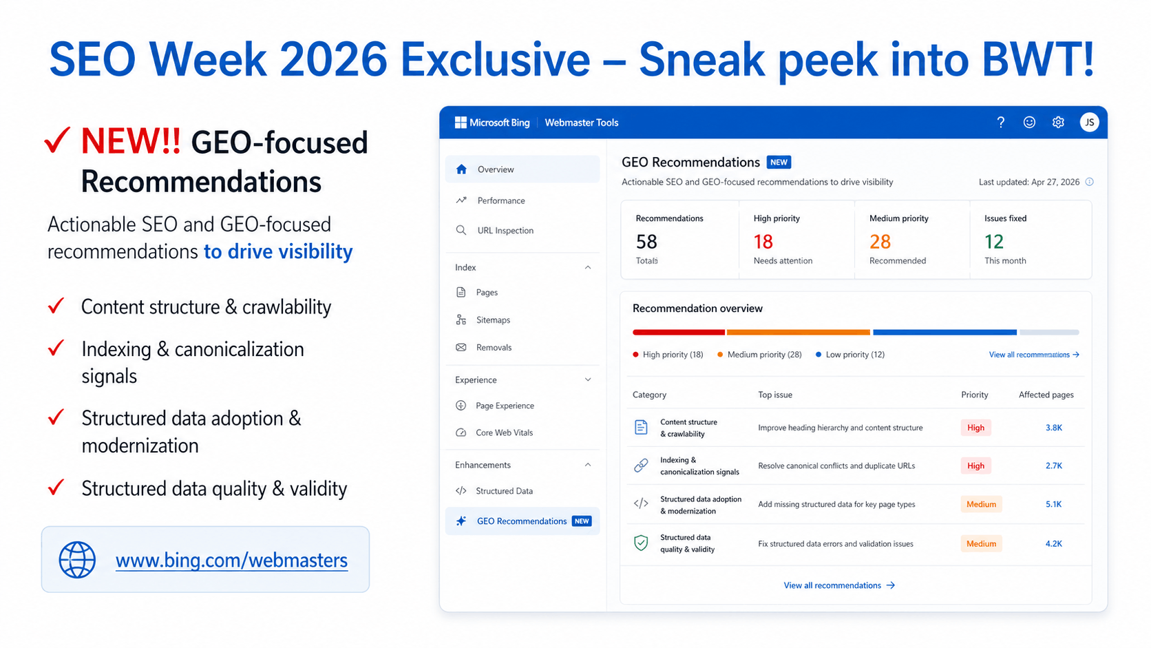 SEO Week 2026 slide showing GEO-focused recommendations in Bing Webmaster Tools for content structure, crawlability, indexing, canonicalization, and structured data.