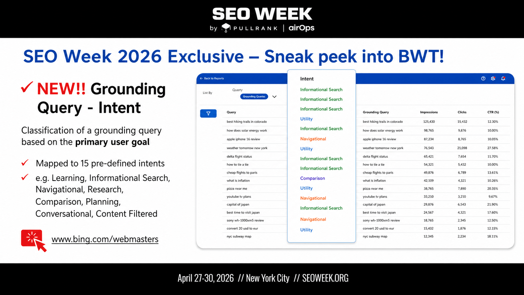 SEO Week 2026 slide showing Bing Webmaster Tools grounding query intent labels for informational, navigational, utility, and comparison queries.
