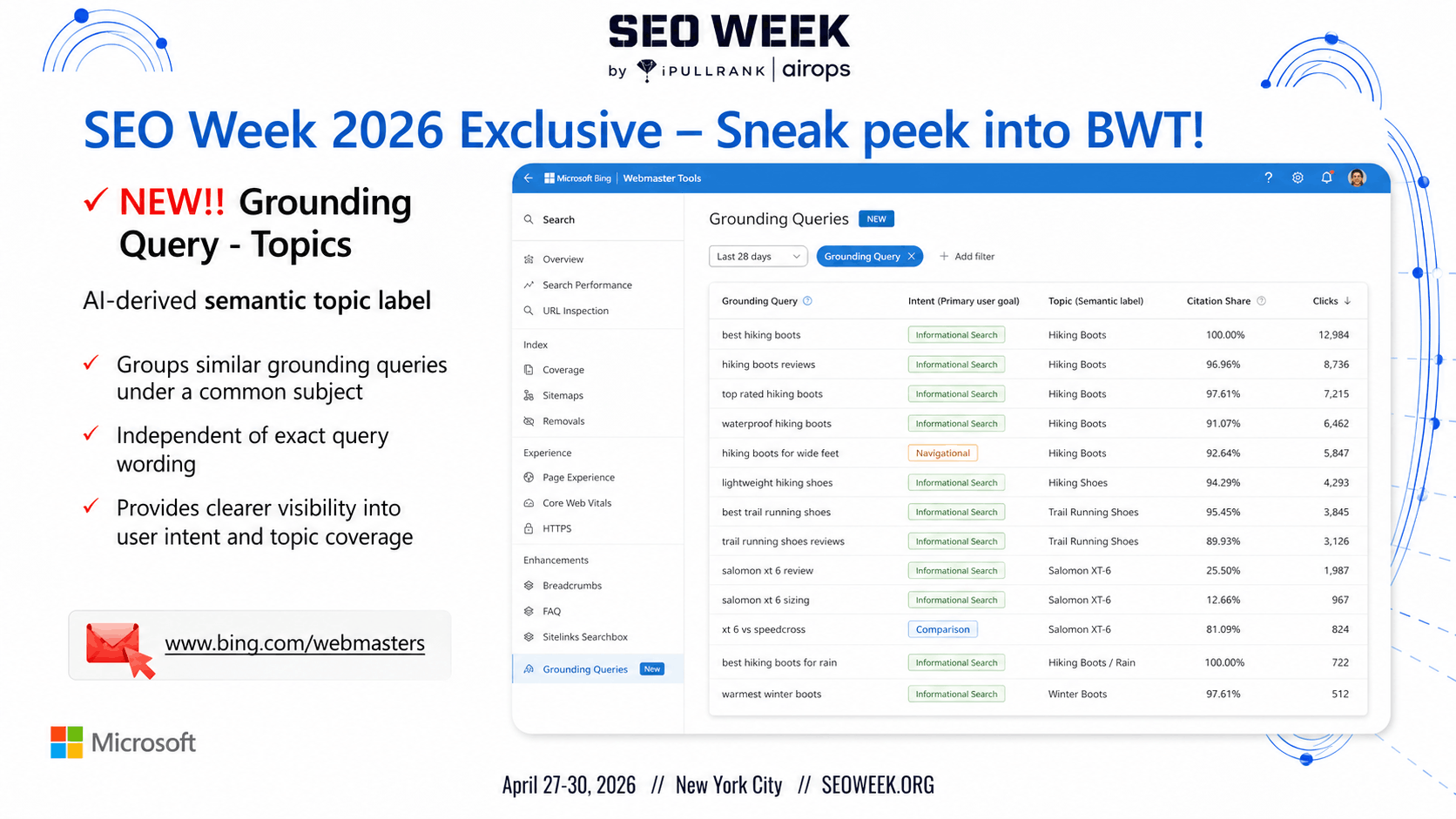 SEO Week 2026 slide showing Bing Webmaster Tools grounding query topics grouped by semantic labels such as hiking boots and trail running shoes.